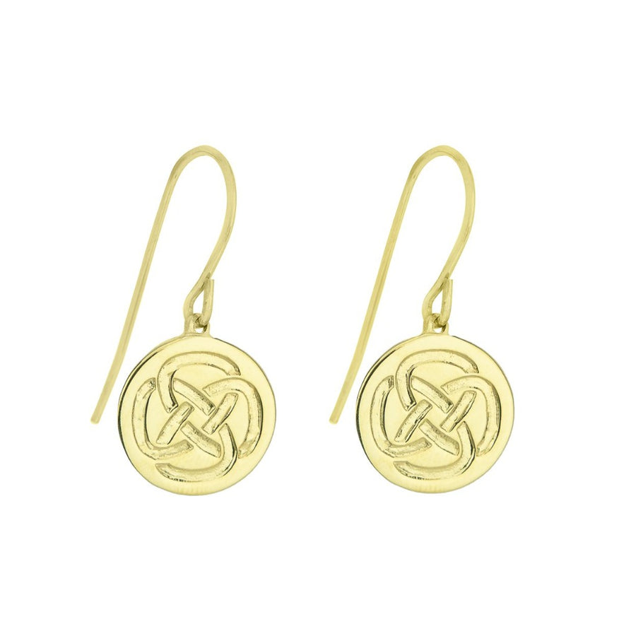 Dara knot symbolic gold plated drop earrings against a white background