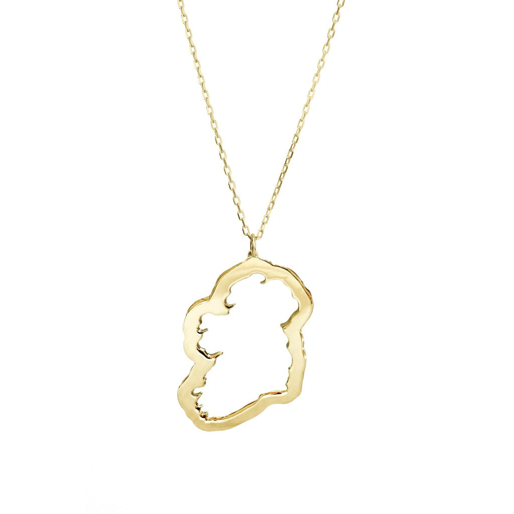 a gold plated over sterling silver map of ireland necklace against a white background