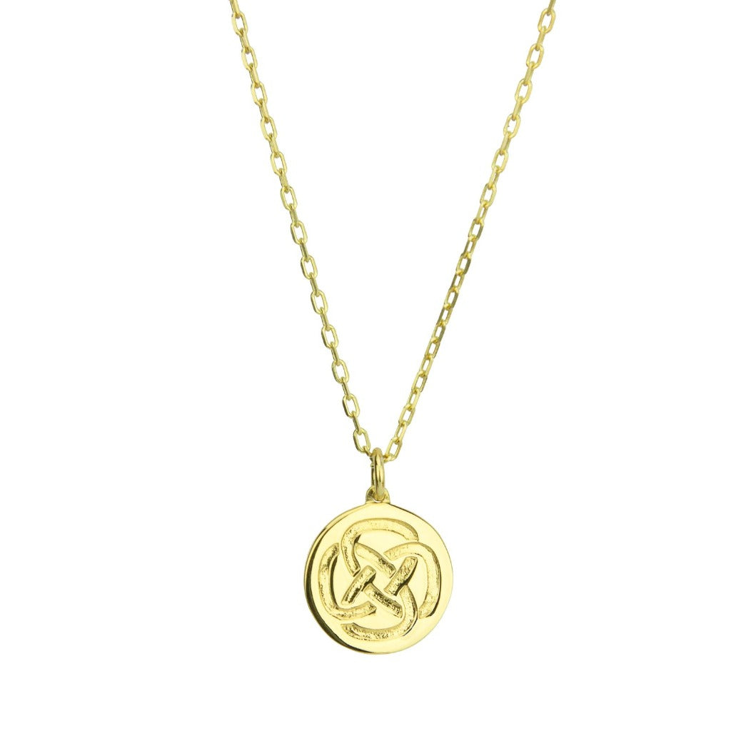 a gold plated dara knot strength necklace against a white background